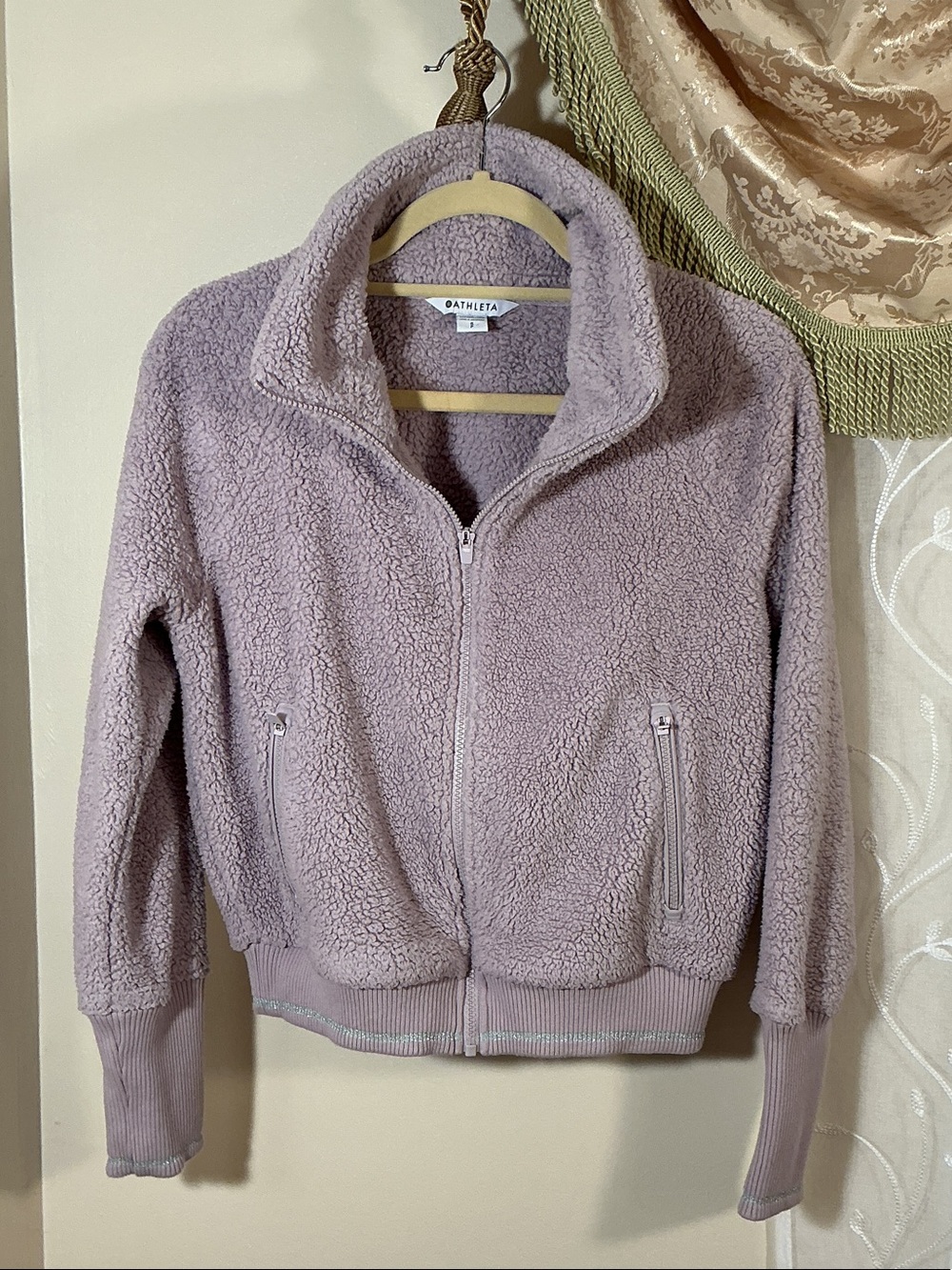 Athleta Lavender Tugga Sherpa Zip-Up Jacket & Pockets Sz S Athleisure Warm Cozy